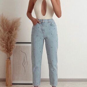 Zara Z1975 Beaded Embellished Rainbow mom fit high rise jeans